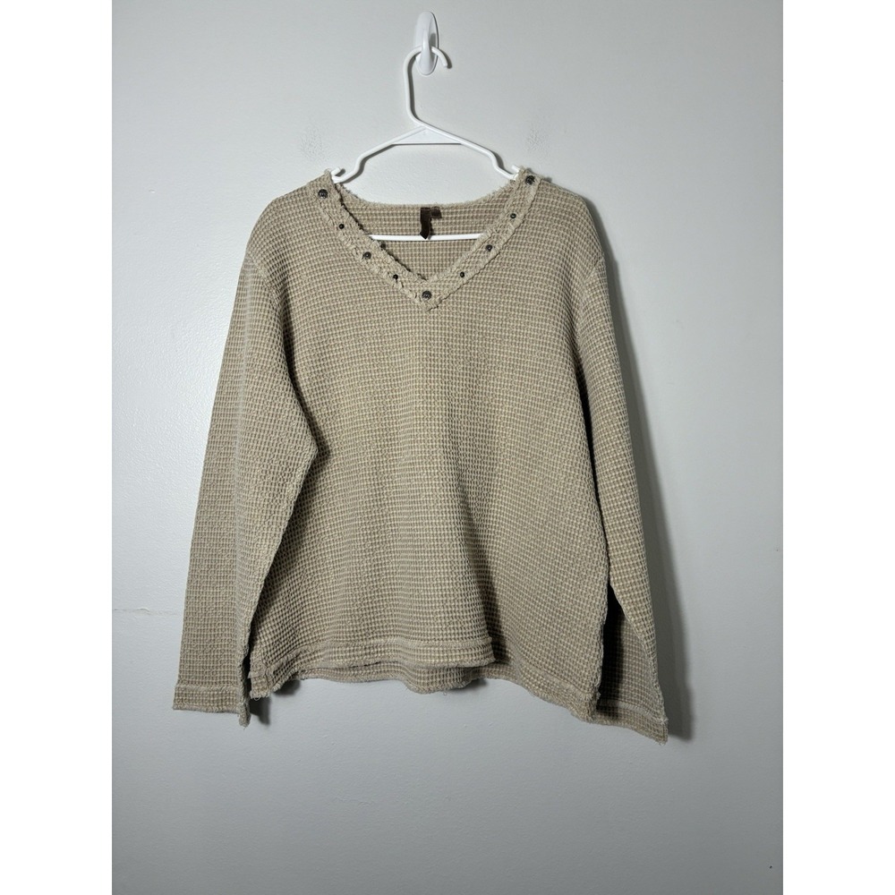 Focus V Neck Waffle Knit Boxy Sweater XL Tan Western 100% Cotton